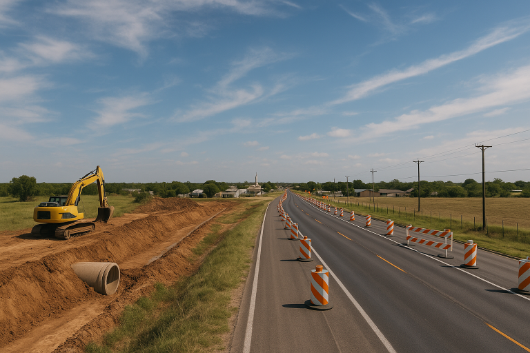 Road construction and drainage ditch excavation in Texas countryside